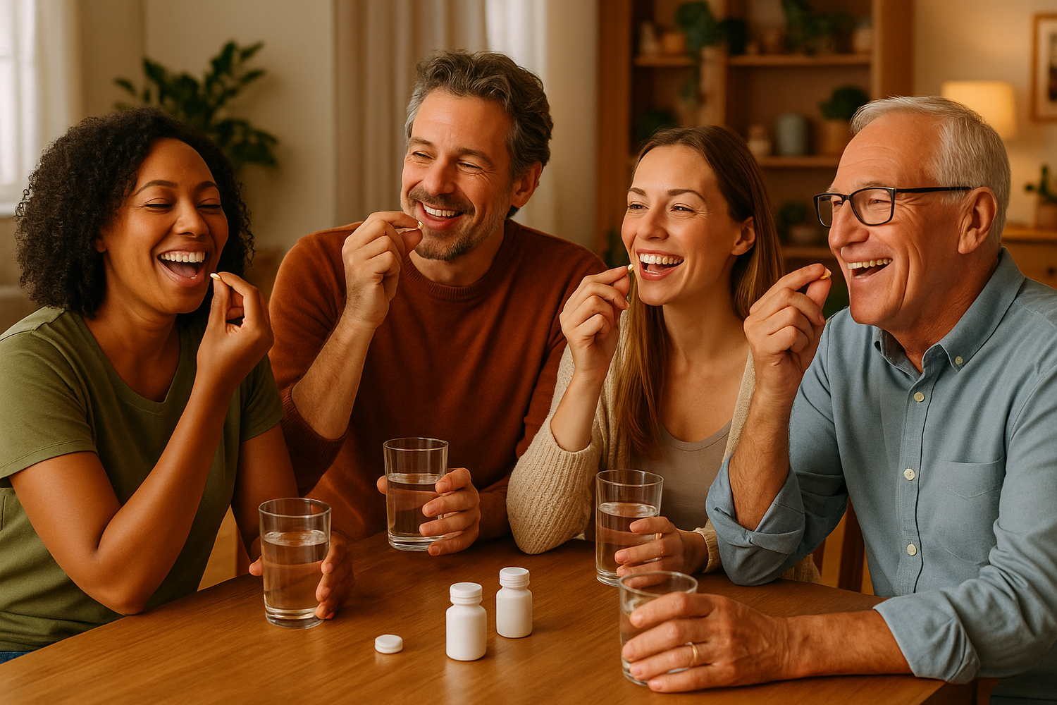 unas personas saludables tomando pastillas en una mesa de una casa